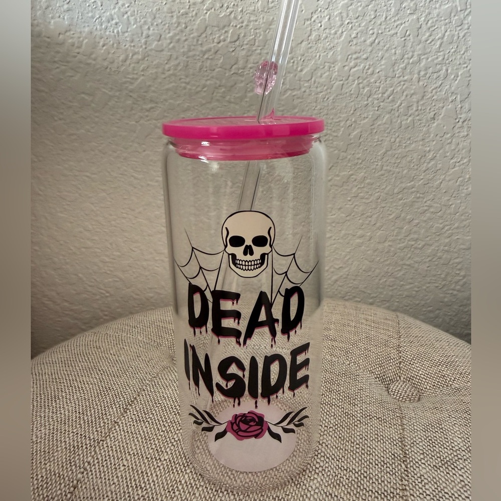 Dead Inside Skull and Rose Glass Tumbler with Pink Lid Glass Straw 20 oz